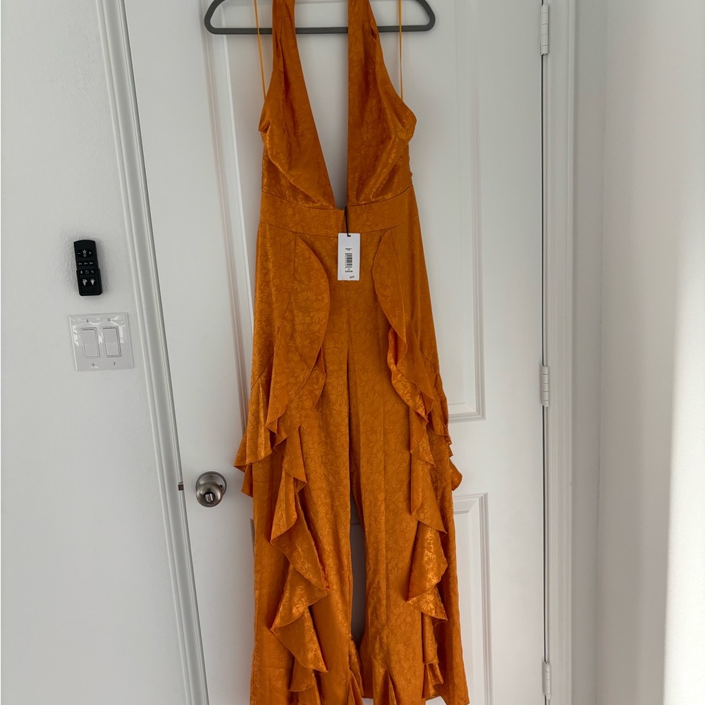 70s Inspired Mustard Yellow Halter Jumpsuit - Picture 2 of 6